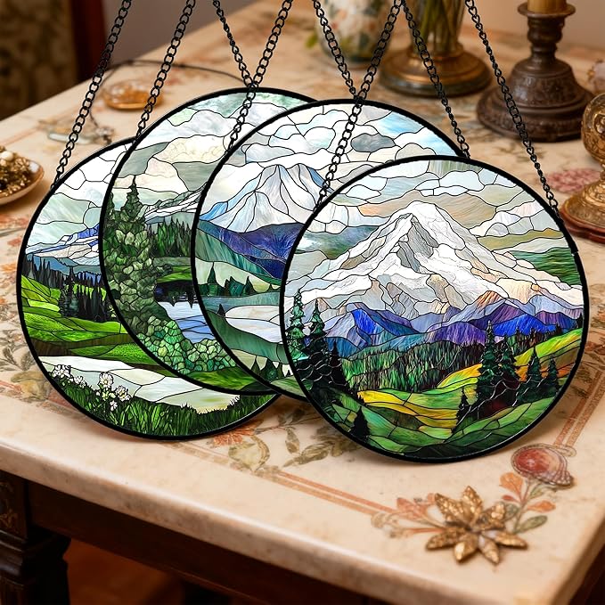DASTOLL Stained Glass Window Hanging 4 Pcs Set Mountains Lake Green White Landscape 6.3" - Suncatcher Door Garden Sun Catcher Decor Birthday Christmas for Mom Woman Nana Men