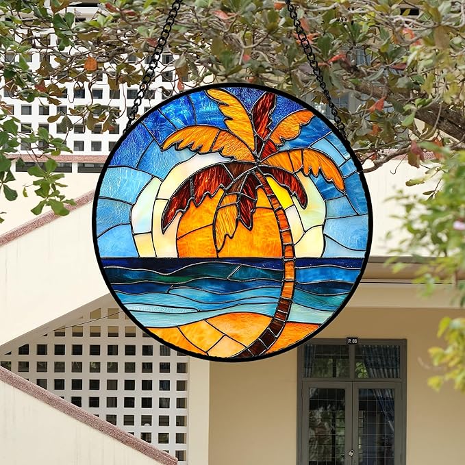 DASTOLL Stained Glass Window Hanging 4 Pcs Set Blue Orange Ocean Beach Theme 6.3" - Suncatcher Door Garden Sun Catcher Decor Birthday Christmas for Mom Woman Nana Men Wife