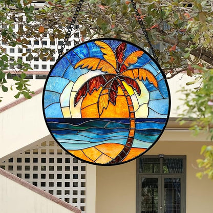 DASTOLL Stained Glass Window Hanging 4 Pcs Set Blue Orange Ocean Beach Theme 7.8" - Suncatcher Door Garden Sun Catcher Decor Birthday Christmas for Mom Woman Nana Men Wife