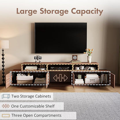 Extendable TV Stand for 65-100 Inches TVs - Walnut Entertainment Console with 2 Cabinets, 3 Open Compartments & 1 Adjustable Shelf, Cable Management, Adjustable Length 63''-94.5'' (Walnut, 63"-94.5")