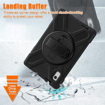 Junfire Shockproof Case for Lenovo Tab M9 2023 with Built-in Screen Protector, Heavy Duty Rugged Case with 360°Rotatable Kickstand/Hand Strap/Stylus Holder for TB-310FU/TB-310FX, Black