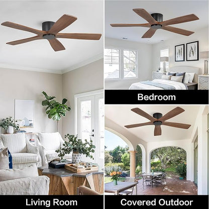 WINGBO 48" Flush Mount DC Ceiling Fans without Lights, 5 Carved Solid Wood Blades, 6-Speed Reversible DC Motor, Low Profile Hugger Ceiling Fan No Lights for Living Room Bedroom Patio, Black and Walnut