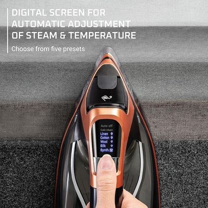 Rowenta Iron Steam Force Pro Steam Iron for Clothes, 1850 Watts, 5 Presets Smart Screen, Stainless Steel Soleplate, High-Efficiency Handheld Ironing, Black Copper, DW9580