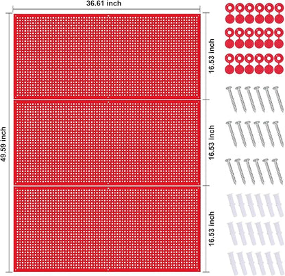 Daanxw Pegboard Rack Garage Storage Steel Horizontal PegBoard Pack,Steel Pegboard Heavy Duty- 3 Pack 16-Inch X 36-Inch Metal Peg Board Tool Organization Panels (Red)