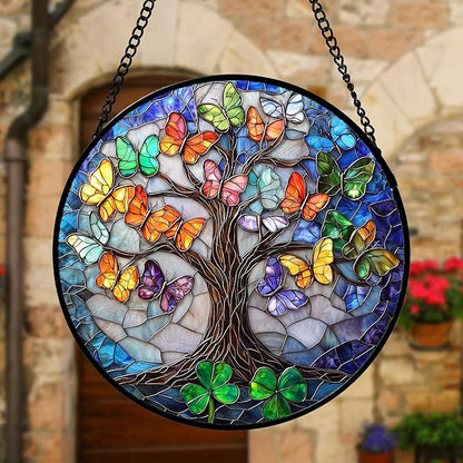 DASTOLL Stained Glass Window Hanging, Butterfly Tree Clover Sun Catchers Glass Panel Blue Suncatcher Decor for Birthday for Women, Men, Wife, Aunt, and Mom 9.8 in