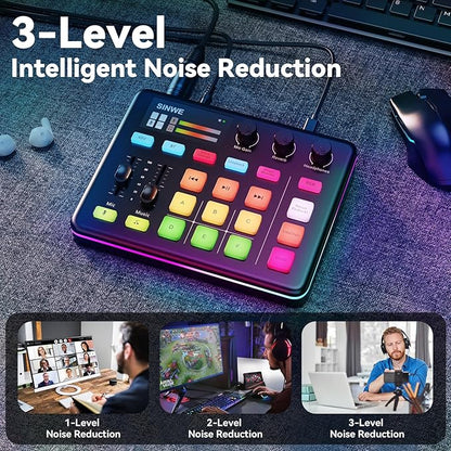 SINWE G1 Gaming Audio Mixer, RGB Audio Interface with Pro-preamp,Bluetooth, Streaming PC Mixer with XLR/48V Phantom Power for Live Streaming, Podcasting, Content Create, Gaming(White)