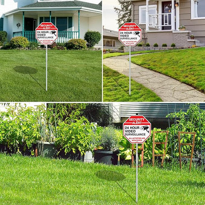 Faittoo Security Sign Video Surveillance Sign with 36" Stake for Outside, 4-Pack 12"x12" Rust Free Heavy Aluminum, Reflective, Fade Resistant, 2 pre-drilled holes, Includes Matching Screws & Wrench,