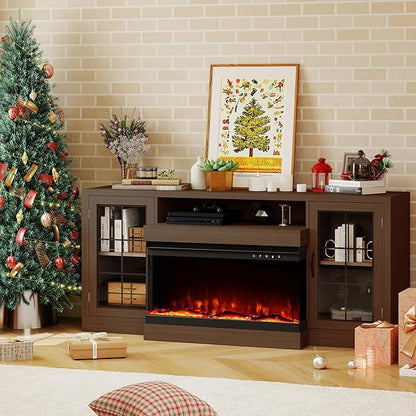 CharaVector 63 inch Fireplace TV Stand for TVs up to 75" with 30" 3-Sided Electric Fireplace, Farmhouse Entertainment Center with Glass Doors & Storage Cabinet, Brown