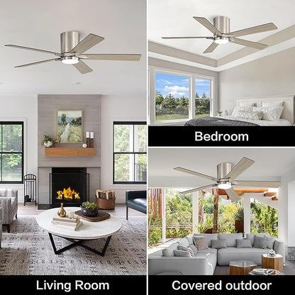 WINGBO 48" DC Flush Mount Ceiling Fan with Lights, 6-Speed Reversible DC Motor, 3CCT, Low Profile Hugger Ceiling Fan for Living Room Bedroom Kitchen, Nickel Finish and Black/Gray Blades