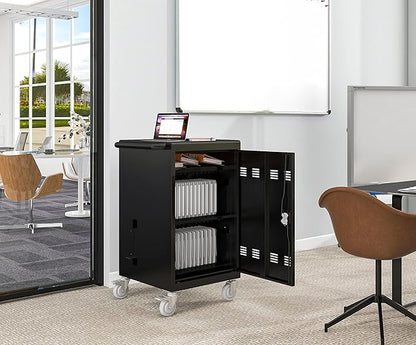 TIOPLY Laptop Charging Cart, 32 Device Tablet Storage Carts for iPad Up to 16.3" Screen Size, Mobile Charging Station for Classroom, with Cord Organizer, Front and Back Access Locking Cabinet Black