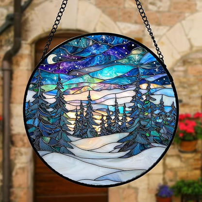 DASTOLL Stained Glass Window Hanging, Starry Sky Trees and Snow Sun Catchers Glass Panel Blue Suncatcher Decor for Birthday for Women, Men, Wife, Aunt, and Mom 6.3 in