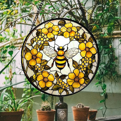 AMDERVEN Stained Glass Window Hanging - Yellow Flowers Surrounded by Bees Sun Catcher for Door Garden Home Decor Cute Suncatcher Christmas Mother's Day Birthday Gifts for Women Men Mom Nana 6.3 in
