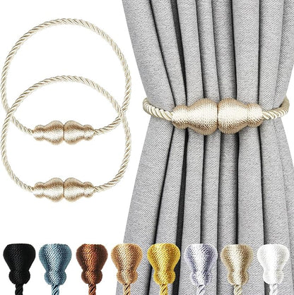 Nieffeiy Magnetic Curtain Tiebacks Outdoor Curtain Tie Backs Rope Decorative Magnetic Curtain Holders for Drapes Window Treatment Holdbacks, Beige 2Pack