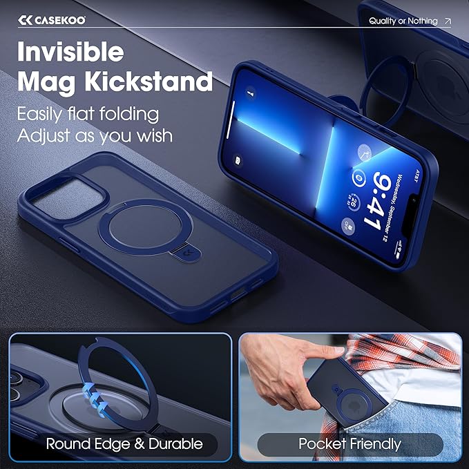 CASEKOO Designed for iPhone 13 Pro Max Case with Magnetic Invisible Stand [Military Drop Protection] [Compatible with MagSafe] Shockproof Translucent Matte Slim Promax Phone Cover 6.7", Blue