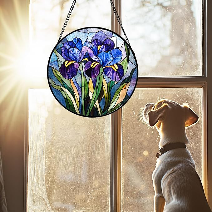CRISGIF Stained Glass Window Hanging - Blue Purple Iris Flower Suncatcher for Door Garden Patio Sun Catchers Decor Christmas Mother's Day Birthday Gifts for Women Men Mom Nana Aunt Friend 7.8 in