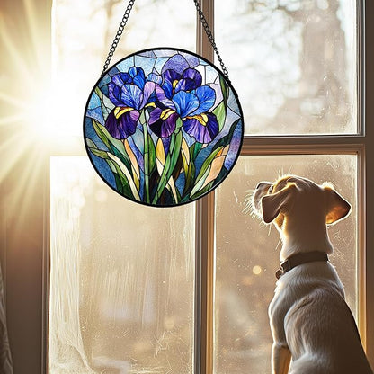 CRISGIF Stained Glass Window Hanging - Blue Purple Iris Flower Suncatcher for Door Garden Patio Sun Catchers Decor Christmas Mother's Day Birthday Gifts for Women Men Mom Nana Aunt Friend 6.3 in