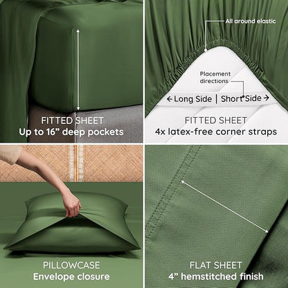 Bambaw 100% Viscose Derived from Bamboo Queen Sheet Set 6 Piece, Queen Size Cooling Sheets for Hot Sleepers, Super Soft Sheets, Deep Pockets Fits Up to 16'' Mattresses (Olive)