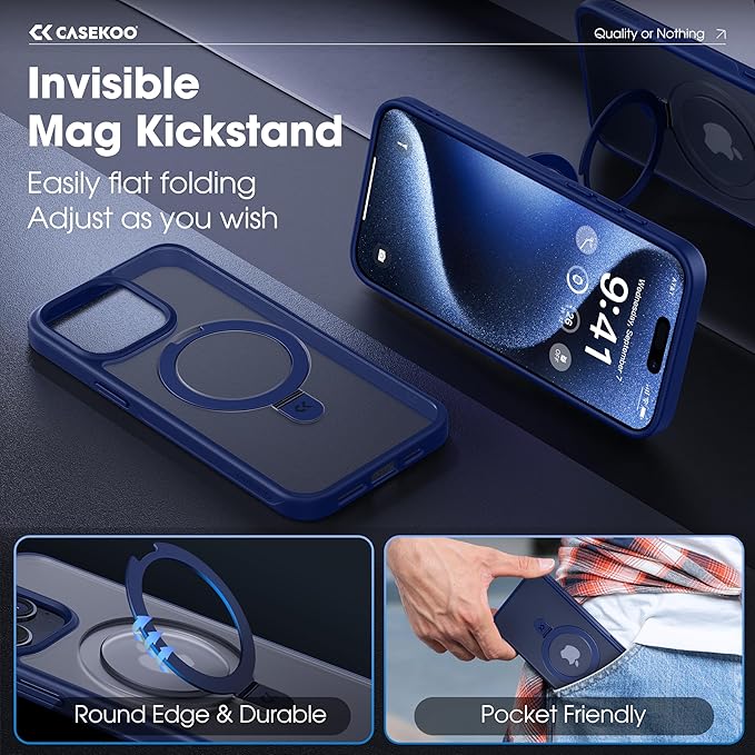 CASEKOO Designed for iPhone 15 Pro Max Case with Magnetic Invisible Stand [Military Drop Protection] [Compatible with MagSafe] Shockproof Slim Translucent Matte Promax Case 6.7 Inch, Blue