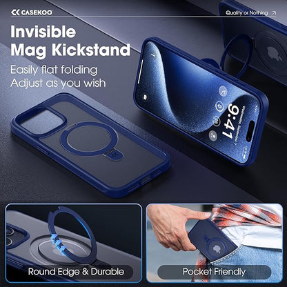 CASEKOO Designed for iPhone 15 Pro Max Case with Magnetic Invisible Stand [Military Drop Protection] [Compatible with MagSafe] Shockproof Slim Translucent Matte Promax Case 6.7 Inch, Blue