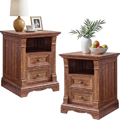 T4TREAM Farmhouse Nightstand Set of 2, 18" Sofa Side Table with Charging Station, Wooden End Table w/Roman Column, Bedside Cabinet for Bedroom, Living Room, Reclaimed Barnwood