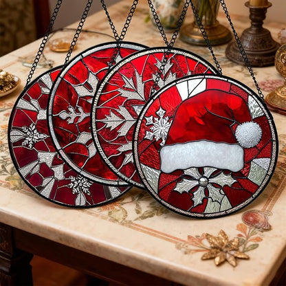 DASTOLL Stained Glass Window Hanging 4 Pcs Set Red Christmas Decorations Theme 6.3" - Suncatcher Door Garden Sun Catcher Decor Birthday for Mom Woman Nana Men Friend Wife