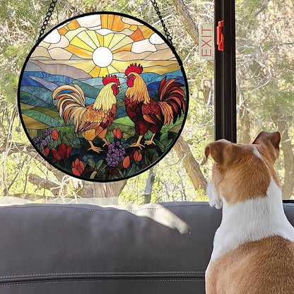 AMDERVEN Stained Glass Window Hanging, Countryside Scenery Chicken Sun Catcher for Door Home Decor Sunrise Suncatcher Christmas Mother's Day Birthday Gifts for Women Men Mom Nana 6.3 in