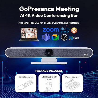 GoPresence 4K Ultra HD Meeting Bar – All-in-One Video Conferencing System with 120° Wide-Angle Lens, 6 Mics with 20ft Pickup Range, Dual Speakers, Plug-and-Play USB for Zoom/Teams/Meet – Medium Rooms