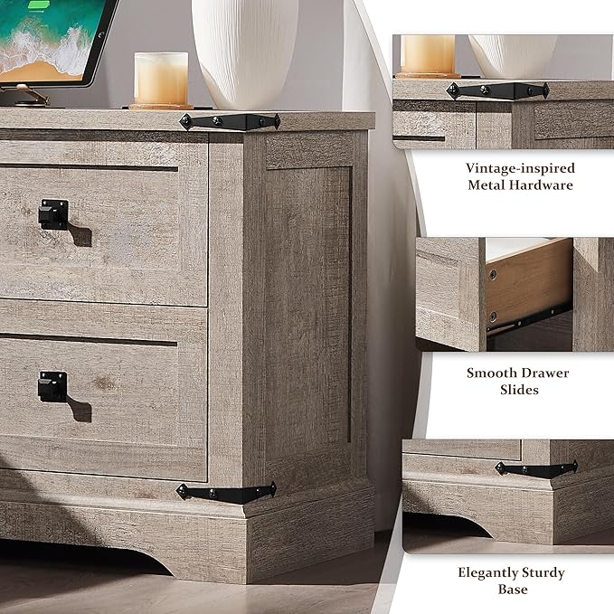 T4TREAM 24" Farmhouse Nightstand with Charging Station, Large End Table with 2 Storage Drawers, Rustic Wood Sofa Bedside Table for Bedroom, Light Rustic Oak