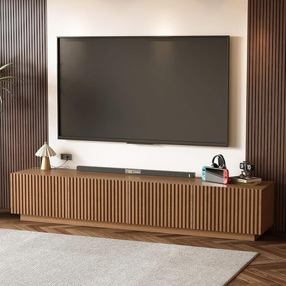 86.61" Mid-Century Modern TV Stand, Walnut Entertainment Center with 4 Doors & Adjustable Shelves, Large Wooden Media Console Cabinet for Living Room & Bedroom, Sturdy & Easy Assembly，Walnut
