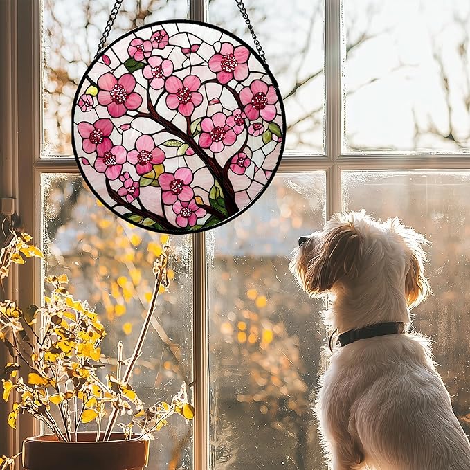 CRISGIF Stained Glass Window Hanging - Cherry Blossoms Birth Flower Suncatcher for Door Garden Patio Sun Catchers Decor Christmas Mother's Day Birthday Gifts for Women Mom Nana Friend Wife 9.8 in