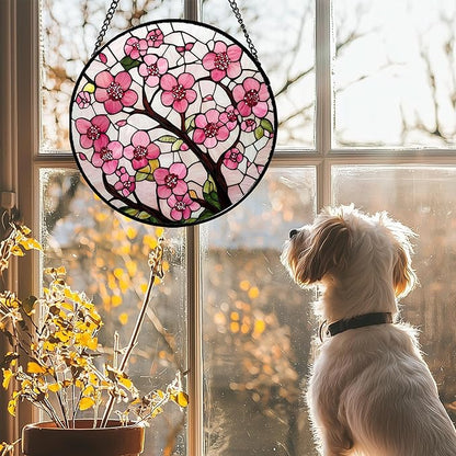 CRISGIF Stained Glass Window Hanging - Cherry Blossoms Birth Flower Suncatcher for Door Garden Patio Sun Catchers Decor Christmas Mother's Day Birthday Gifts for Women Mom Nana Friend Wife 7.8 in