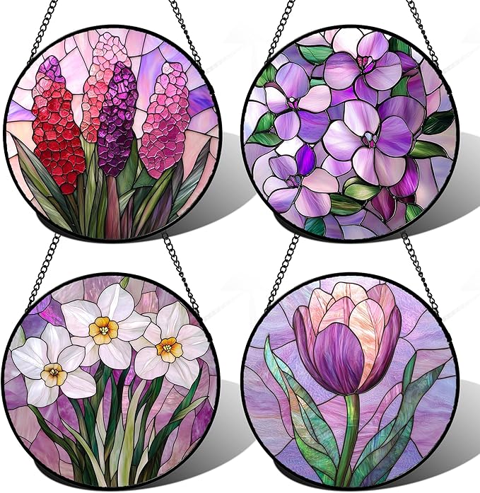DASTOLL Stained Glass Window Hanging 4 Pcs Set Purple Flower Theme 6.3" - Tulip Suncatcher Door Garden Sun Catcher Decor Birthday Christmas for Plant Lovers Woman Nana Men
