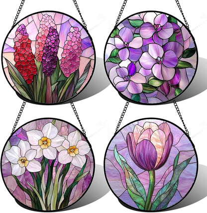 DASTOLL Stained Glass Window Hanging 4 Pcs Set Purple Flower Theme 7.8" - Tulip Suncatcher Door Garden Sun Catcher Decor Birthday Christmas for Plant Lovers Woman Nana Men