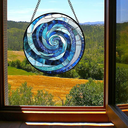 CRISGIF Stained Glass Window Hanging - Blue Abstract Swirl Suncatcher for Doors Garden Patio Unique Sun Catchers Decor Christmas Mother's Day Birthday Gifts for Women Men Mom Nana Friend 6.3 in