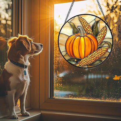 DASTOLL Stained Glass Window Hanging Autumn Harvest Pumpkin Corn Large 11.8" - Suncatcher Door Garden Kitchen Sunroom Sun Catcher Fall Home Decor Birthday for Mom Grandma Men Woman