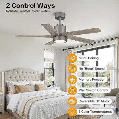 WINGBO 48 Inch DC Ceiling Fan with Lights and Remote Control, 5 Carved Solid Wood Blades, 6-Speed Noiseless Reversible DC Motor, Indoor Ceiling Fan in Graphite Finish with Gray Blades