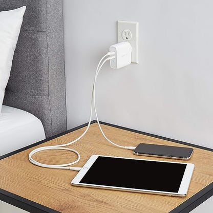 Amazon Basics 68W Two-Port GaN Wall Charger with 1 USB-C (60W) & 1 USB-A Ports (18W) with PD for Laptops, Tablets & Phones (iPhone 16/15/14/13/12/11/X, iPad, MacPro, Samsung, and more), Non-PPS, White