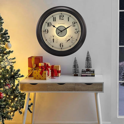 CLXEAST Illuminated Indoor Outdoor Clocks Waterproof 18 inch with Smart Night Light Sensor,Large Wall Clock with Thermometer & Hygrometer,Oil Rubbed Bronze Black,House Warming Gifts New Home
