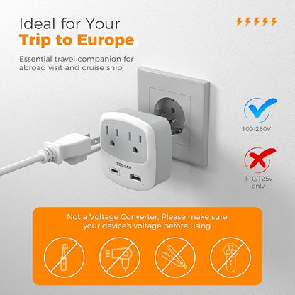 European Travel Plug Adapter, TESSAN Type C Adaptor with 2 Electrical Outlets 2 USB Ports (1 USB C), EU Power Adapter for US to Europe International Iceland Spain Italy France Germany Greece