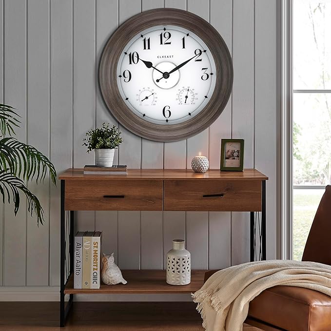 CLXEAST 24 Inch LED Illuminated Outdoor Clocks Waterproof with Thermometer & Hygrometer, Large Lighted Metal Wall Clock with Smart Night Light Sensor,Grey Oak Finish,House Warming Gifts New Home