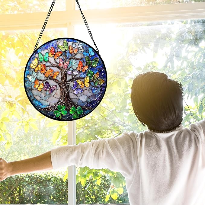 DASTOLL Stained Glass Window Hanging, Butterfly Tree Clover Sun Catchers Glass Panel Blue Suncatcher Decor for Birthday for Women, Men, Wife, Aunt, and Mom 11.8x11.8 in
