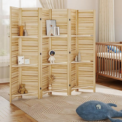HOMCOM Room Divider, 6 Panel 67" Tall Wood Privacy Screen with 3 Display Shelves, and Folding Storage for Bedroom or Home Office, Natural Wood