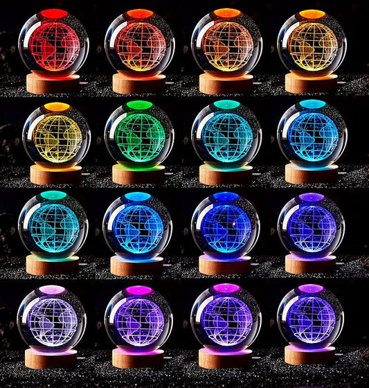 Conalisk 3D Earth Crystal Ball Lamp,3.15 inch K9 Crystal Ball Night Light with Wooden Base,Lifelike 3D LED Night Light,16 Colors Changing Light,Dimmable Remote Control,Desk lamp (D)