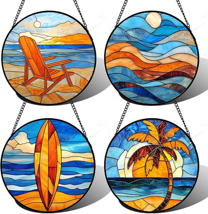 DASTOLL Stained Glass Window Hanging 4 Pcs Set Blue Orange Ocean Beach Theme Large 15" - Suncatcher Door Garden Sun Catcher Decor Birthday Christmas for Mom Woman Nana Men Wife