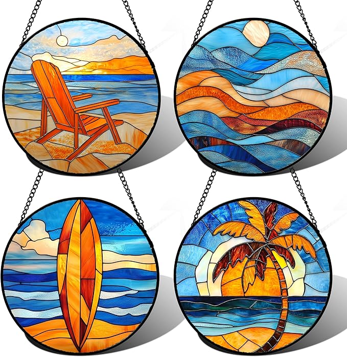DASTOLL Stained Glass Window Hanging 4 Pcs Set Blue Orange Ocean Beach Theme Large 11.8" - Suncatcher Door Garden Sun Catcher Decor Birthday Christmas for Mom Woman Nana Men Wife