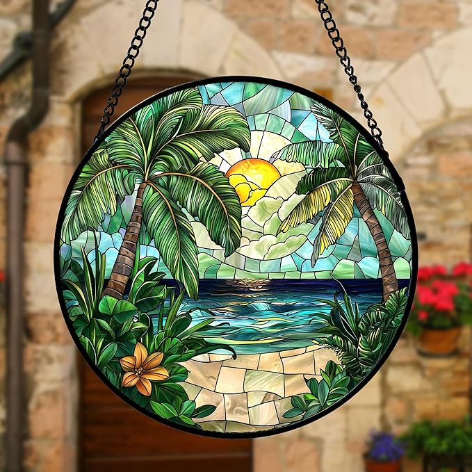 DASTOLL Stained Glass Window Hanging, Green Beach Scenery Suncatcher Diamond Glass Panel Hangings Sun Catchers Decor for Birthday for Women, Men, Wife, Aunt, and Mom 9.8 in