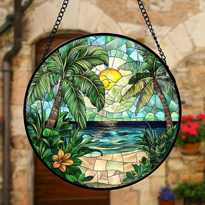 DASTOLL Stained Glass Window Hanging, Green Beach Scenery Suncatcher Diamond Glass Panel Hangings Sun Catchers Decor for Birthday for Women, Men, Wife, Aunt, and Mom 7.8 in