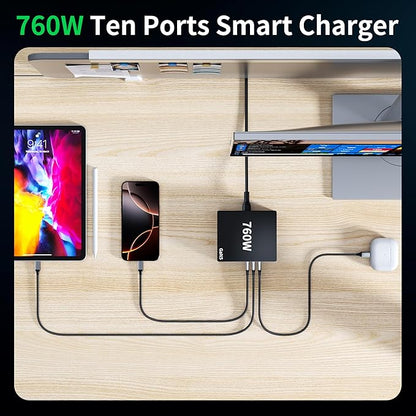 760W USB C Charger Block,10 Port Fast Charging Station Hub Brick PD 100W Gan Charger for DELL HP MacBook Pro/Air/All iPad iPhone 17/16 15/14/13/Pro Max/Samsung Galaxy Note