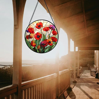 CRISGIF Stained Glass Window Hanging - Poppy Birth Flowers Suncatcher for Door Garden Yard Wildflowers Sun Catchers Decor Christmas Mother's Day Birthday Gifts for Women Mom Nana Friend 11.8 in