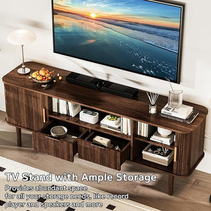 DAMCROP 62.4 Inch Fluted TV Stand, Modern Media Console Table with Sliding Tambour Door Farmhouse Sideboard Buffet Cabinet Fits TVs up to 75 inch, Wood Entertainment Center for Living Room(Dark Wood)